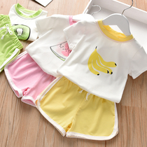 Girl set 2021 summer new Korean version of female baby fruit print coat solid color shorts childrens two-piece set