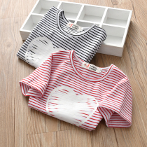 Girls 2021 new childrens stripes love print short sleeve T-shirt Korean version of female baby cotton round neck base shirt