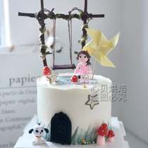 Bake cake decoration little Princess ornaments girl swing dog plug-in Windmill star card birthday dress