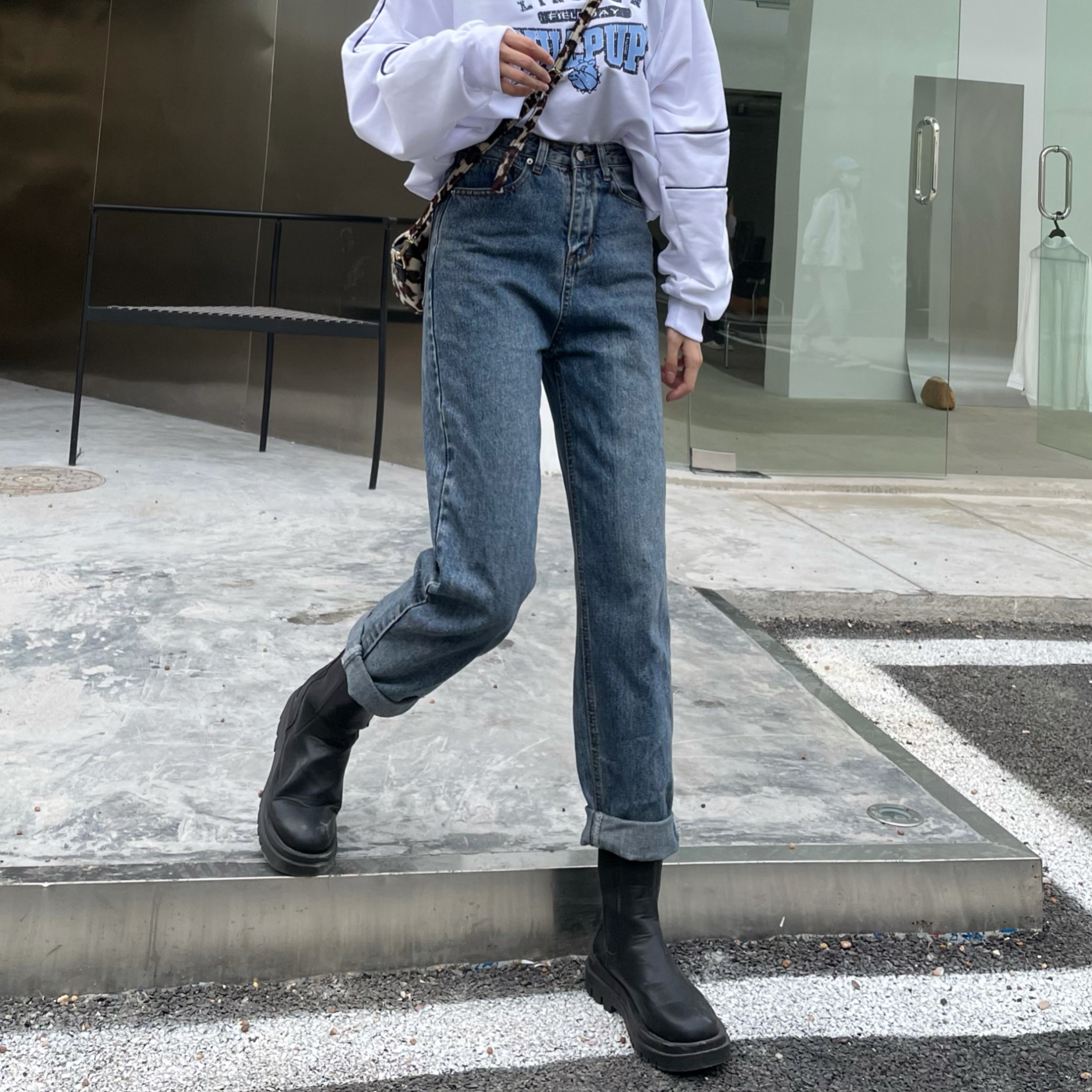 实拍~经典百搭萝卜裤复古港风牛仔裤女秋冬高腰宽松九分裤4色