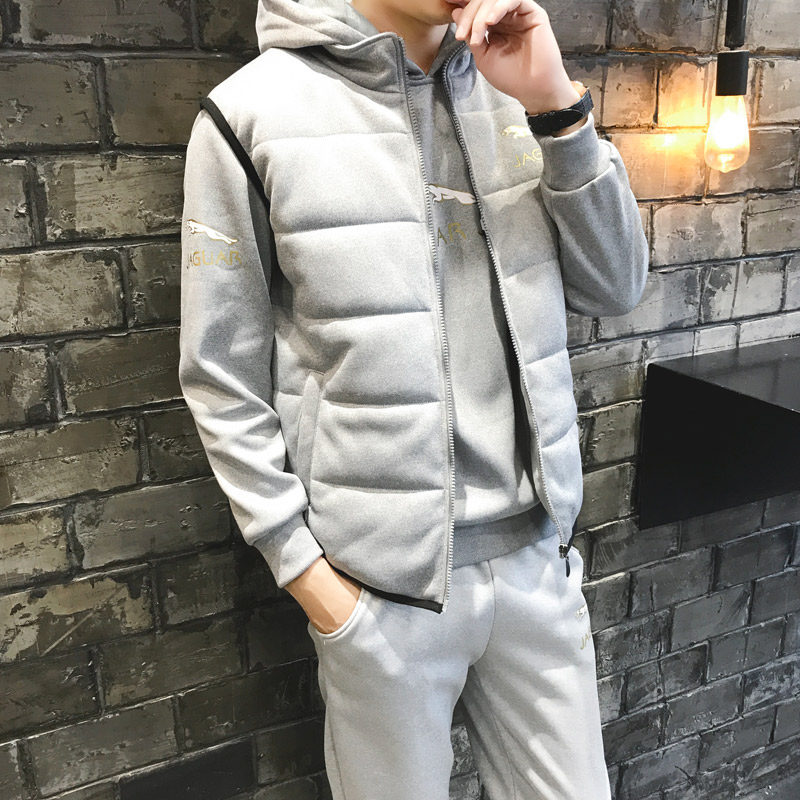 一折马甲配卫衣_秋冬季马甲卫衣三件套装男衣服搭配一套社会精神小伙