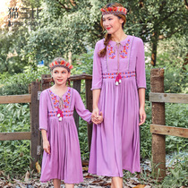Different pro-daughter dress Mothers dress Nation Wind 2022 Summer Girls holiday 70% sleeves Dress Embroidery