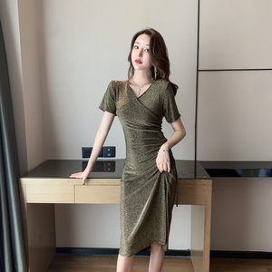 Korean women’s hip skirt medium length V-neck Sequin dress