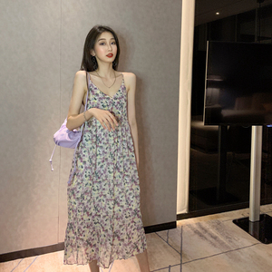 V-neck sling Chiffon Vintage thin sexy floral skirt