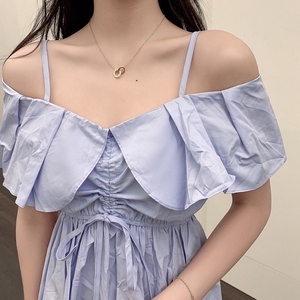 New Ruffle one line off shoulder suspender dress