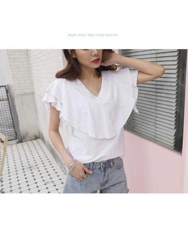 Mùa hè phong cách mới xù lông ngắn tay lỏng lẻo áo thun cotton của phụ nữ Hàn Quốc cotton tinh khiết nửa tay trên cùng dưới áo sơ mi - Áo phông