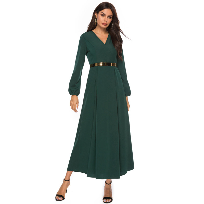 实拍 欧美潮流礼服约会时尚优美女士纯色长袖v领晚礼服连衣裙-爱乐