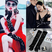 Black velvet long gloves vintage pearl travel photography gloves retro long wedding bridal styling gloves