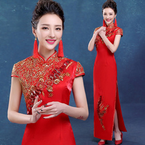 Red short-sleeved bridal cheongsam evening dress wedding wedding toast clothing long slim annual meeting catwalk etiquette cheongsam