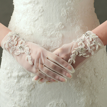 Wedding gloves bride white lace short wedding gloves summer Korean rhinestone tulle bride gloves spring and autumn