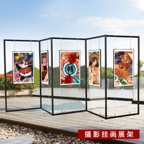 Black octagonal prism exhibition board Book painting photography works display stand Mobile display stand Outdoor works publicity hanging painting screen
