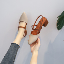 Fairy style Baotou sandals womens 2021 summer new Korean version all-match thick heel sandals pointed toe middle heel fashion womens shoes