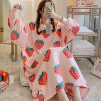 Coral velvet nightdress womens autumn and winter Korean students loose size strawberry pajamas flannel spring and autumn days home clothes