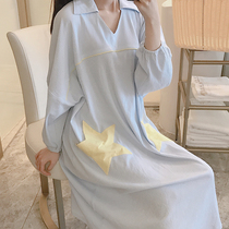 Nightdress Womens Spring and Autumn long sleeve cotton Korean students long pajamas cute stars loose large size outside wear home