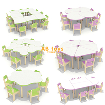 Kindergarten log rice point long square table eight-person table kindergarten six-person wooden desk children moon table Education table