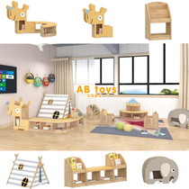 Kindergarten solid wood combination bookshelf cabinet children rubber wood can seat bookshelf shape wooden reading area solid wood picture book