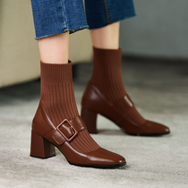 Cat Ye homemade square head socks boots female 2021 new leather Korean version of the thick with spring and autumn single boots thin short boots