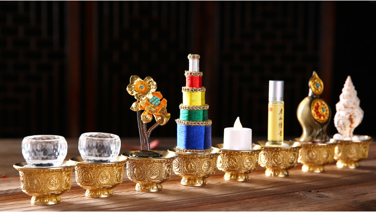 琉璃佛前密宗八供养组合套装八吉祥供杯佛教供水纯铜供品家用摆件