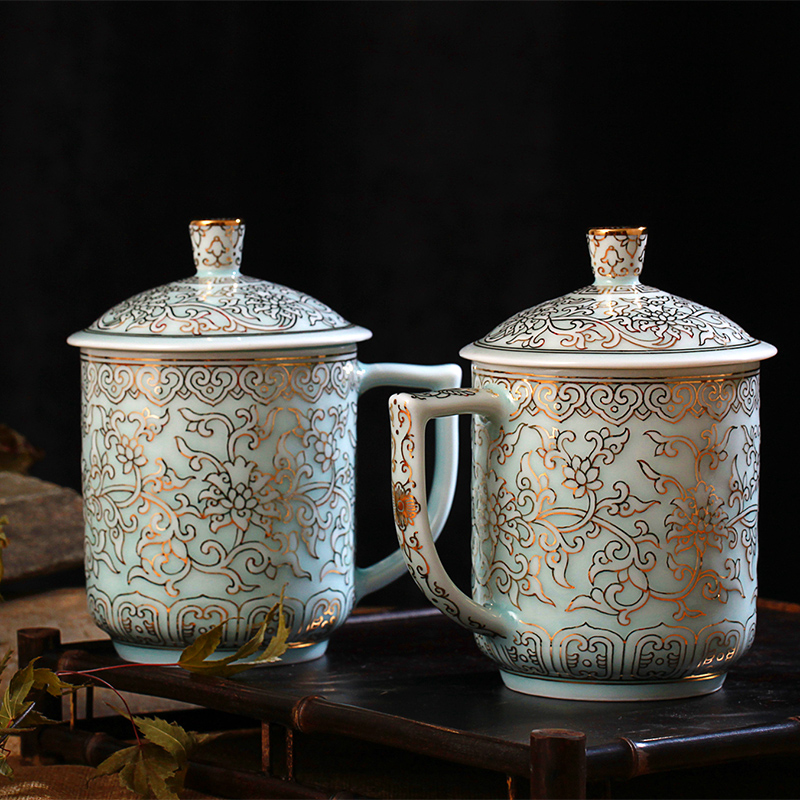 Jingdezhen ceramic cups with cover office shadow blue glaze tea cup of the big hand paint cup tea cup