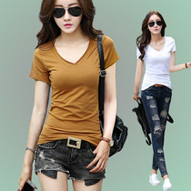 Summer students cotton casual body slimming chicken heart collar t-shirt womens earth short sleeve solid color Korean version wild V-neck blood