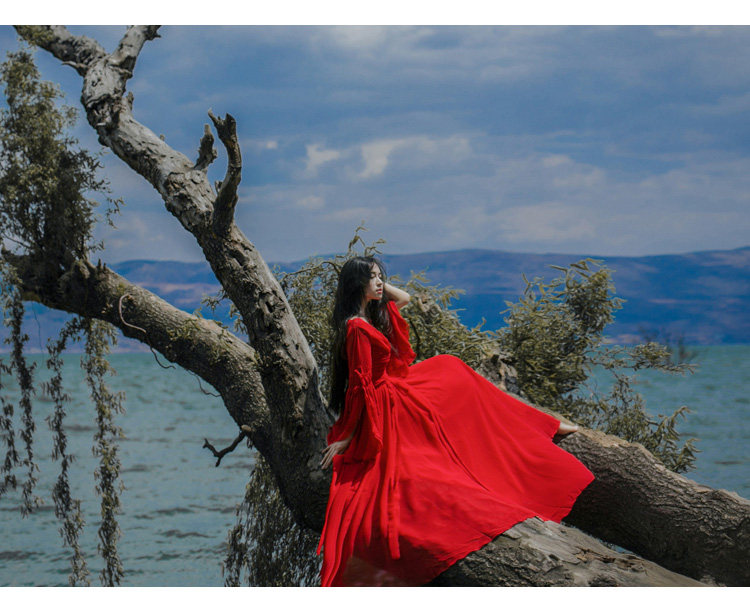 文艺复古宫廷风雪纺连衣裙茶卡盐湖青海湖旅游拍照红色大摆长裙仙
