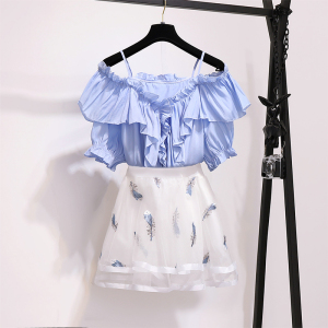 Sweet suspender with ruffles top embroidered puff skirt two piece set