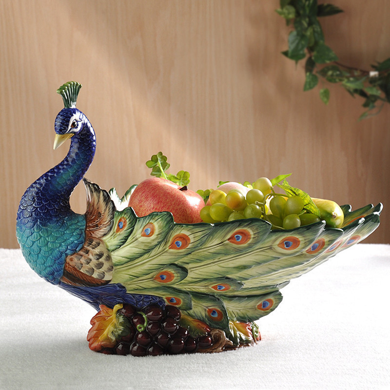 Creative ceramic fruit bowl sitting room of Chinese style compote high - grade household adornment household fruit bowl peacock furnishing articles