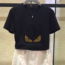 2021 Amas new summer loose cotton hot diamond fashion temperament black t-shirt short-sleeved T-shirt top female