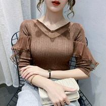 Hong Kong Tide 2021 net red mesh lace ice silk knit shirt Womens V-neck short sleeve ruffled top T-shirt