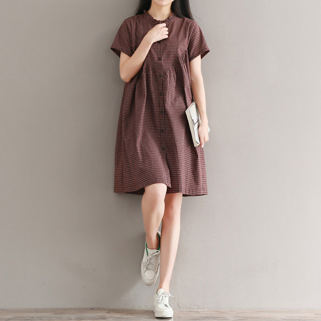 ຊຸດເສື້ອຍືດ plaid ປົກກະຕິຂອງເຊື້ອເຫັດ Retro ສໍາລັບແມ່ຍິງ summer ວ່າງຂະຫນາດໃຫຍ່ຂະຫນາດກາງຍາວສິລະປະແຂນສັ້ນຝ້າຍແລະ linen dress