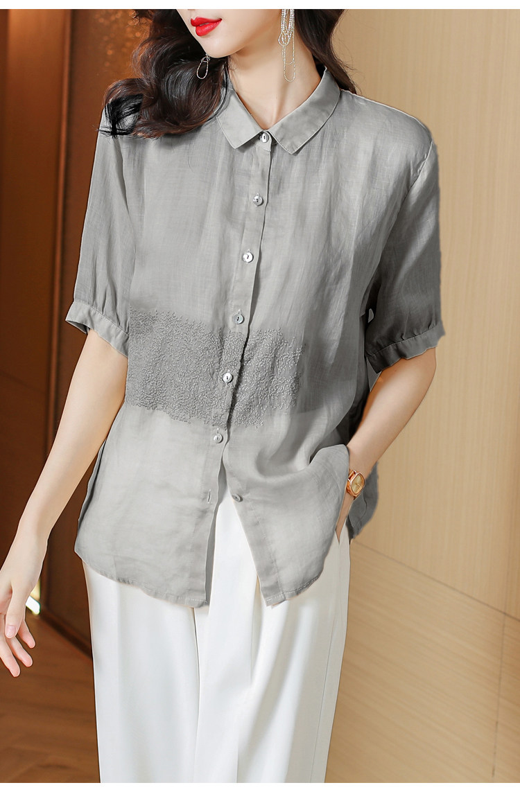 新款复古重工刺绣苎麻衬衫气质翻领宽松衬衣纯色文艺上衣 - 17网