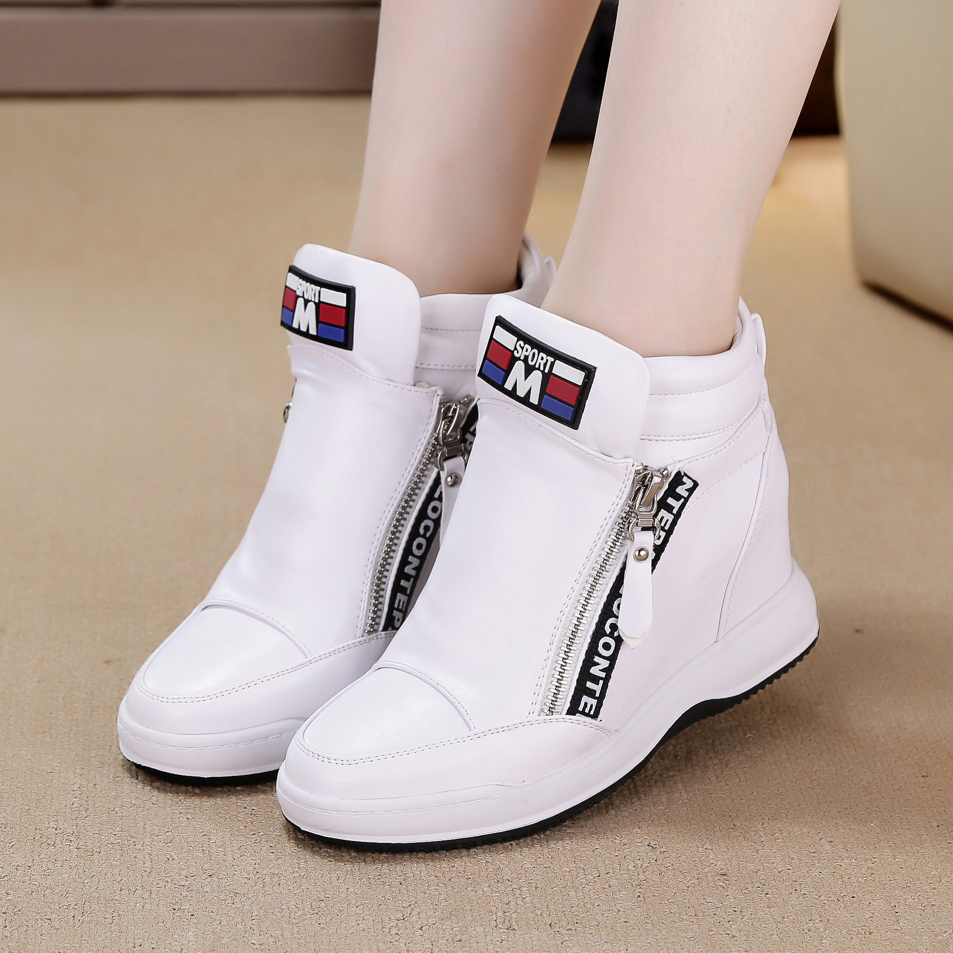 新款2017春秋韩版内增高侧拉链女鞋厚底白色休闲运动鞋单鞋高帮鞋