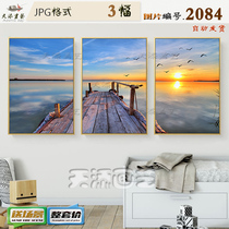 Modern beautiful pier dusk natural landscape decorative painting material Nordic modern living room triple hanging picture picture