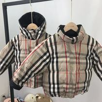 Childrens plaid double-faced down jacket parent-child boy and girl pure black Korean collar hooded down jacket jacket