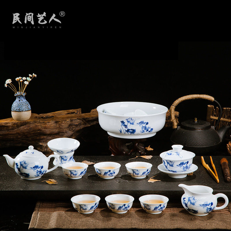 Jingdezhen ceramic kung fu tea set suit household simple 15 a head of a complete set of blue and white porcelain teapot teacup fair keller