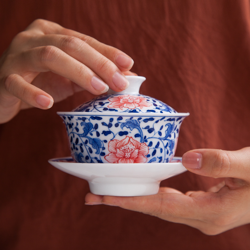 Jingdezhen ceramic hand - made porcelain youligong red peony tureen manual worship tureen tea bowl three cups to use