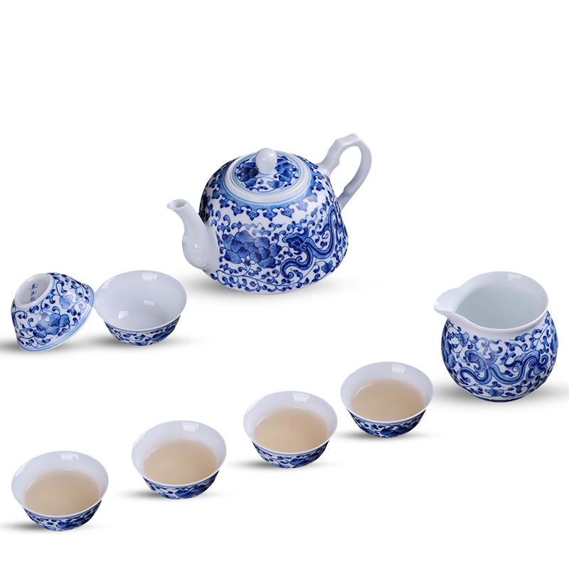 Jingdezhen hand - made kung fu tea fair ceramic teapot household travel blue and white of a complete set of tea set tea service