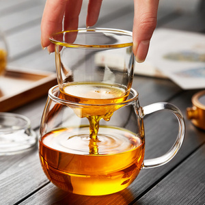 玻璃茶杯带把男女办公室花茶杯子加厚带盖耐热透明茶水分离泡茶杯