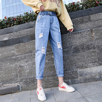 2021 elastic waist hole stretch stretch jeans women button ankle-length pants new spring and summer thin Haren pants daddy pants