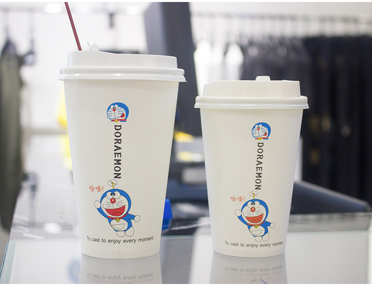 一次性加厚奶茶纸杯哆啦a梦杯子咖啡豆浆纸杯500ml热饮杯带盖定做