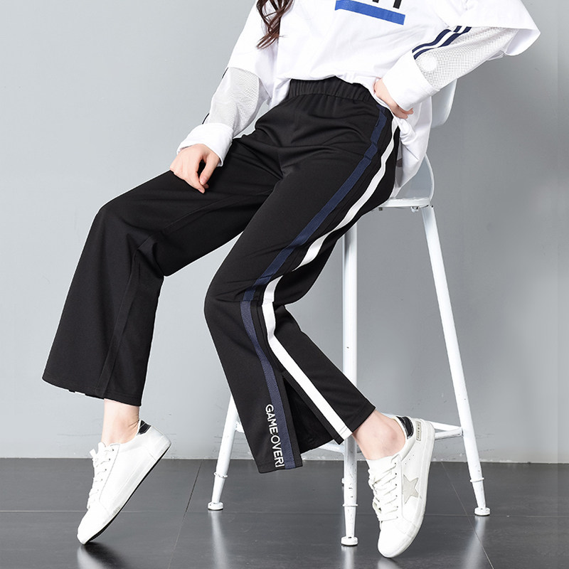 秋鼕新款学生装高腰加绒阔腿裤女休闲九分校服运动裤宽松直筒裤子