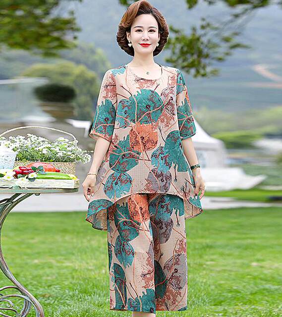 Fat Mom Summer Wear 2024 New Broad Lady suit two-pieces Women Noble Plus Fat Plus Size Xiangyun Gauze Suit