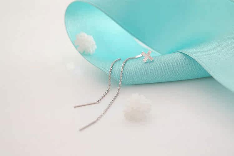 s925银流苏耳线长款耳链女 韩国气质耳坠十字架耳环日韩简约耳钉