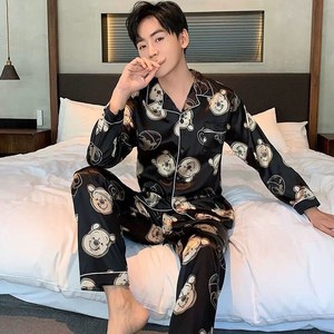 春秋季韩版男士睡衣冰丝薄款长袖两件套装情侣卡通加肥大码家居服
