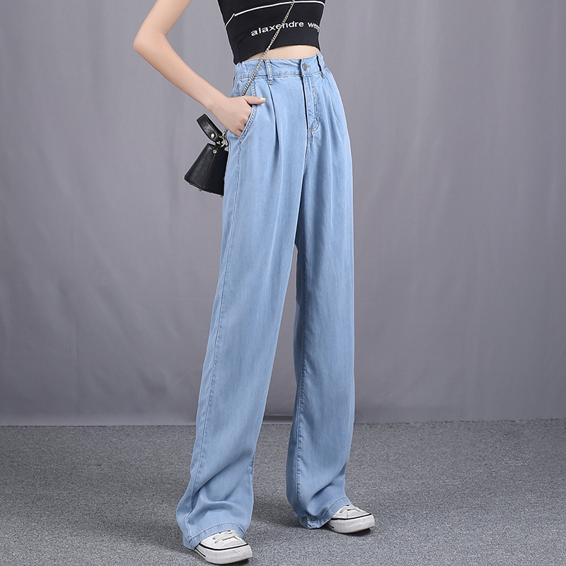 Tencel Wide Leg Jeans Women's 2021 Summer Ultra-thin Nine-point High Waist Straight Pants Loose Hanging Ice Silk Mop Pants