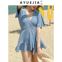 Swimsuit female summer conjoined conservative skirt swimsuit covering belly thin soaking hot spring fairy fan ins Wind 2021 New