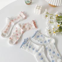 Crystal Glass Silk Socks Children Summer Thin Flowers Lace Lace Transparent Ice Silk Midbarrel Socks Female Cute Days summer