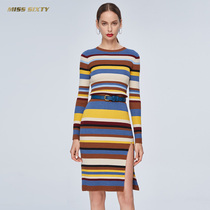Miss Sixty Color Stripes Slim fit tight inner tie round neck long sleeve long skirt Knitted dress Female