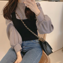 2022 autumn new Korean version chic sweet and beautiful cute minus-age plaid shirt woman long sleeve knitted vest two sets