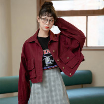 2021 Spring and Autumn New Korean Retro Wine Red School Big Pocket Denim Coat Women Loose Joker Short Top